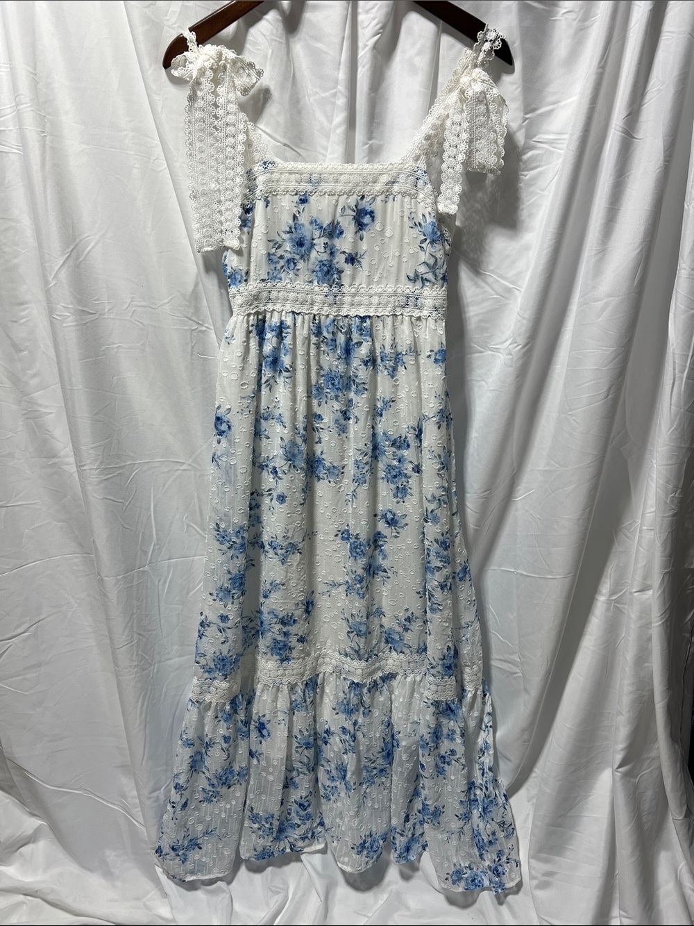 August Sky White Dress with Blue Floral Detail